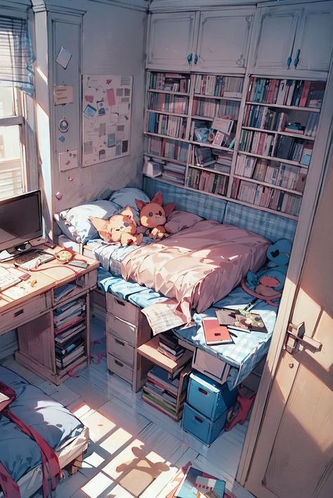 Drawings Of Bedrooms, Anime Style Bedroom, Anime Room Illustration, Drawing Of Bedroom, Wonder World, Room Illustration, Anime House, Metric Units, Bedroom Drawing