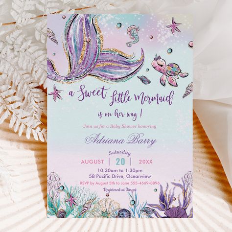 Mermaid Baby Shower Under the Sea Baby Girl Invitation #Invitation #card #template #design #pinterestquotes #pinterestideas #pinterestmom #pinterestwedding #aesthetic #love #art #pinterestsuccess Mermaid Invite, Ocean Backdrop, Mermaid Baby Shower Invitations, Whimsical Mermaid, Lollipop Party, Sea Baby Shower, Mermaid Baby, Mermaid Under The Sea