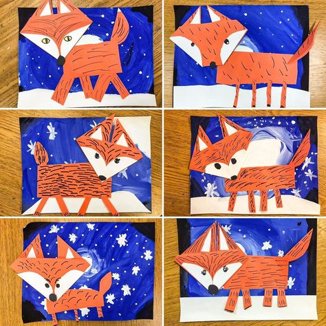 Desiree Stone on Instagram: “I’m pretty sure this is my favorite 3rd grade project, they all turn out adorable! Painted backgrounds then cut/folded paper fox (check out…” Fox Preschool Art, Fox Art Projects For Kids, Red Fox Habitat School Project, Arctic Fox Crafts For Kids, Arctic Fox Art For Kids, Fox Winter Art, Paper Fox, Fox Crafts, Fox Painting