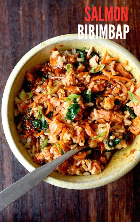 Salmon Brown Rice Bibimbap | Season with Spice Salmon Brown Rice, Healthy Brown Rice, Brown Rice Cooking, Bibimbap Recipe, Spring Mix Salad, Asian Spices, Easy Asian Recipes, Easy Asian, Spice Shop