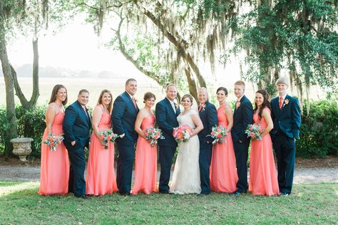 Navy and Coral Charleston Wedding at Creek Club at I'On — A Lowcountry Wedding Blog & Magazine - Charleston, Savannah, Hilton Head, Myrtle Beach Bridesmaid Dresses Navy Blue, Bridesmaid Dresses Navy, Coral Wedding Colors, Dresses Navy Blue, Navy And Coral, Wedding Color Palettes, Coral Bridesmaid, White Bridal Gown, Coral Bridesmaid Dresses