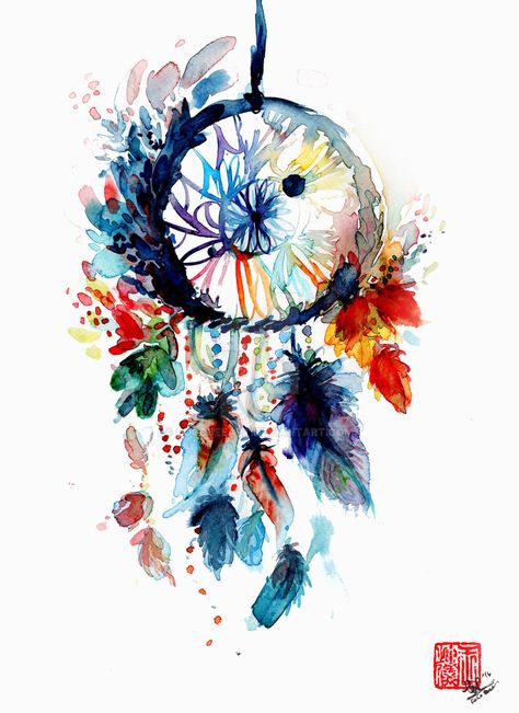 Watercolor Dreamcatcher by Cocobeeart on DeviantArt                                                                                                                                                      More Crochet Vests, Layering Essentials, Dreamcatcher Wallpaper, Tattoo Watercolor, Dream Catcher Art, Trendy Patterns, Tops Trendy, Cozy Crochet, Watercolor Paintings Easy