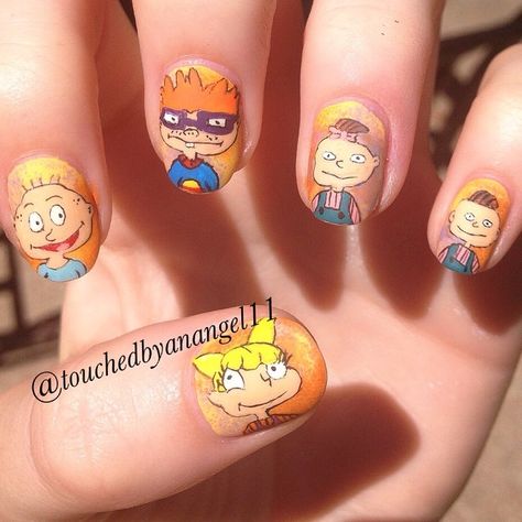 "Rugrats nails!! Phil and lil didn't turn out as I hoped no matter how hard I tried :p #rugrats #childhood #90s #90scartoons #tommy #chuckie #phil #lil #angelica #nails #nailart" Photo taken by @touchedbyanangel11 on Instagram, pinned via the InstaPin iOS App! http://www.instapinapp.com (08/15/2014) Cartoon Nail Art, Nail Artwork, Rocket Power, Hey Arnold, Painted Nail Art, 90s Cartoons, Nails Polish, Oh Well, Racing Stripes