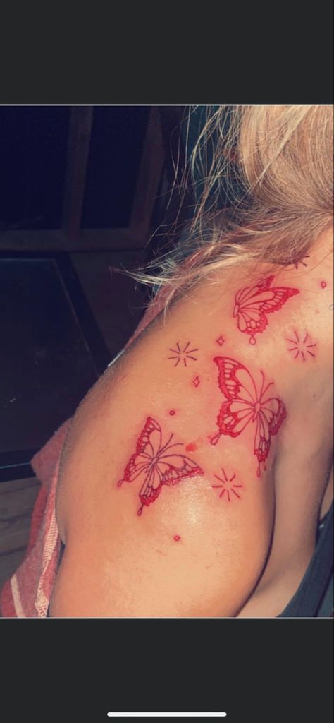 Red Butterfly Tattoo Shoulder, Red Ink Shoulder Tattoo, Red Tattoos For Women Arm, Butterflies Shoulder Tattoo, Red Sleeve Tattoos For Women, Red Butterfly Tattoo On Neck, Red Neck Tattoos Women, Cute Red Tattoos For Women, Red Tattoo On Brown Skin