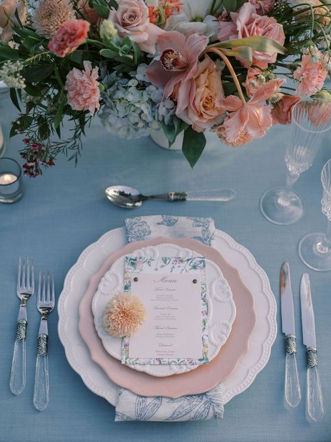 Whimsical Wildflower Wedding, Wedding Table Styling, Linens For Wedding, Table Settings Wedding, Pink Table Settings, Summer Wedding Reception, Wedding Reception Menu, Dusty Pink Weddings, Pink Wedding Decorations