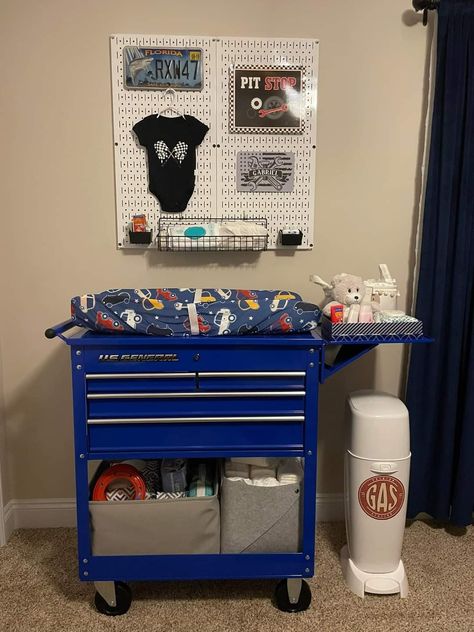 Garage Nursery Ideas, Biker Nursery Theme, Tools Nursery Theme, Semi Truck Nursery Theme, Truck Theme Nursery, Man Cave Nursery Theme, Toolbox Changing Table Nursery Ideas, Tool Nursery Theme, Boy Nursery Car Theme