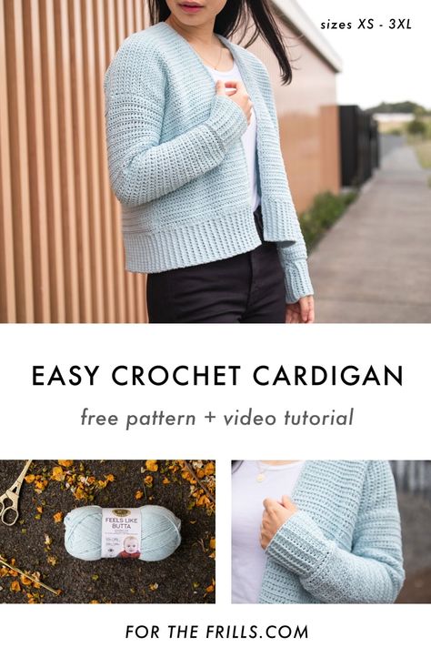 The softest cardigan you’ll ever crochet! Made with Lion Brand’s Feels Like Butta yarn this simple crochet pattern is a free pattern on the blog and there’s a video tutorial! This easy crochet pattern uses single crochet and half double crochet stitches and ranges from sizes XS – 3XL #crochetcardigan #easycrochet #springcrochet #crochettutorial #freecrochet #freepattern #simplecrochet #easycardiganpattern #crochetsweater Simple Crochet Cardigan, Crochet Cardigan Free Pattern, Crochet Baby Cardigan Free Pattern, Simple Crochet Pattern, Cardigan Free Pattern, Cardigans Crochet, Crochet Cardigan Free, Half Double Crochet Stitch, Crochet Baby Cardigan