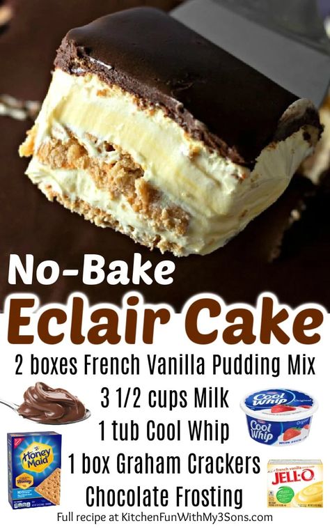 No Bake Eclair Cake is the perfect dessert to whip up in a snap and serve for any occasion. Rich vanilla pudding mixed with whipped cream and layered between graham crackers then topped with sweet chocolate frosting, everyone will enjoy this easy icebox cake! Easy Icebox Cake, No Bake Eclair, Easy Eclairs, Eclairs Dessert, No Bake Eclair Cake, Eclair Cake Recipes, Eclair Cake, Icebox Cake, Vanilla Pudding