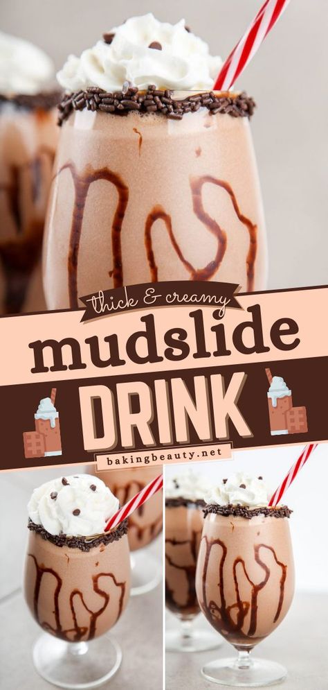 Mudslide Drink, Summer cocktail recipe/ alcoholic drink Mud Slides Drink Recipe, How To Make A Mudslide Drink, Frozen Mudslide Recipe Alcohol, Mud Slide Drink Recipe Easy, Mexican Mudslide Recipe, Mudslide Recipe Alcohol, Strawberry Mudslide, Frozen Mudslide Recipe, Blended Drinks Alcohol