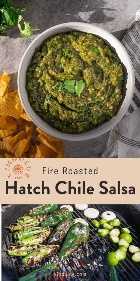 Fire Roasted Hatch Green Chile Salsa Recipe  - Vindulge Hatch Chili Salsa, Green Chile Salsa Recipe, Chili Pepper Hot Sauce Recipe, Chile Salsa Recipe, Hatch Chili Peppers, Green Chile Salsa, Hatch Green Chili Recipe, Green Chili Salsa, Hatch Peppers