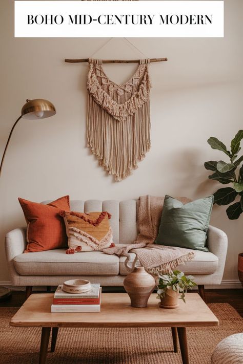 Transform your living room with this mix of boho and mid-century modern styles. Get ideas for furniture, decor, and color palettes to create a cozy, stylish space. Small Boho Bathroom Ideas, Small Boho Bathroom, Bedroom Decor Earthy, Modern Midcentury Home, Farmhouse Bathroom Modern, Boho Mid Century Modern Living Room, Rustic Boho Bathroom, Boho Western Bathroom, Cozy Eclectic Home