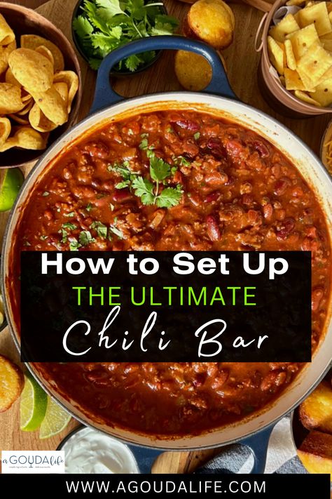 Chili Bar Appetizers, Chili Bonfire Party, Chili For A Party, Chili And Soup Party, Super Bowl Chili Bar, Best Chili Recipe For A Crowd, Chili Cuterie Board, Serving Chili At A Party, Chili Party Ideas Dishes