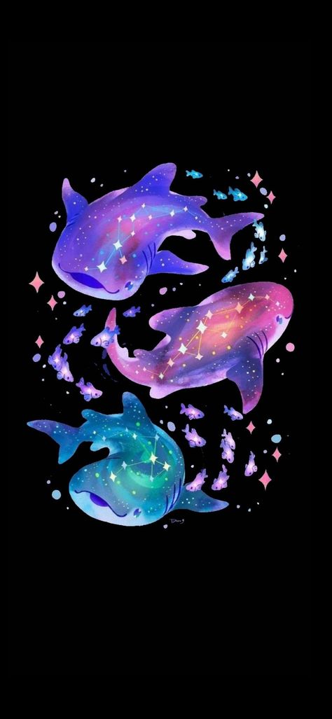 Cute Sea Animal Wallpaper, Whale Shark Phone Wallpaper, Sea Creature Wallpaper Iphone, Galaxy Animal Art, Space Animals Art, Whale Shark Pictures, Ocean Creatures Aesthetic, Cute Shark Aesthetic, Kawaii Ocean Wallpaper