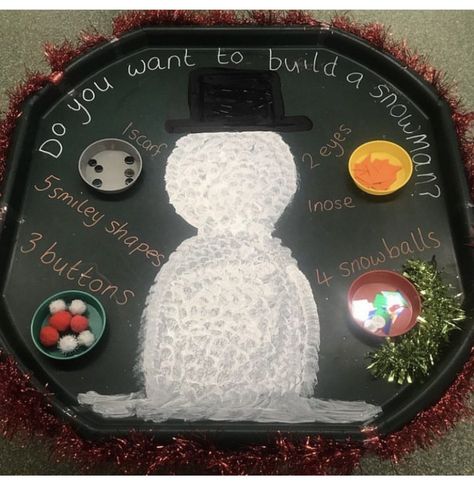 Snowman Eyfs Activities, Eyfs Xmas Crafts, Tuff Tray Ideas For Christmas, The Snowman Eyfs, Winter Topic Eyfs, Snowman Activity Preschool, Christmas Play Tray, December Tuff Tray Ideas, Christmas Messy Play For Toddlers