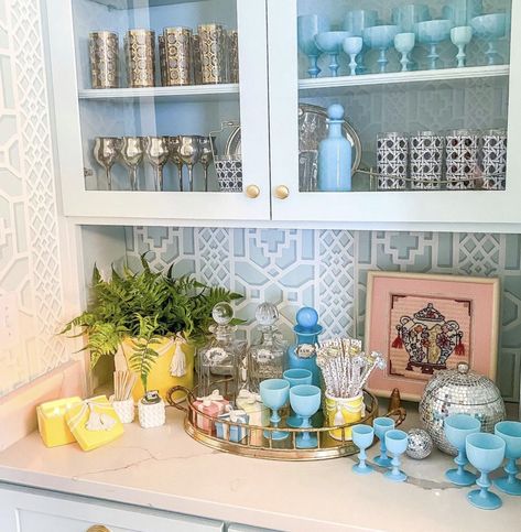 Eclectic Home Tour - Lala Saks - Kelly Elko Pantry Styling, Pink Cabinets, Rattan Counter Stools, Home Bar Sets, Butlers Pantry, Blue Milk, Dry Bar, Chinoiserie Chic, Bar Set Up