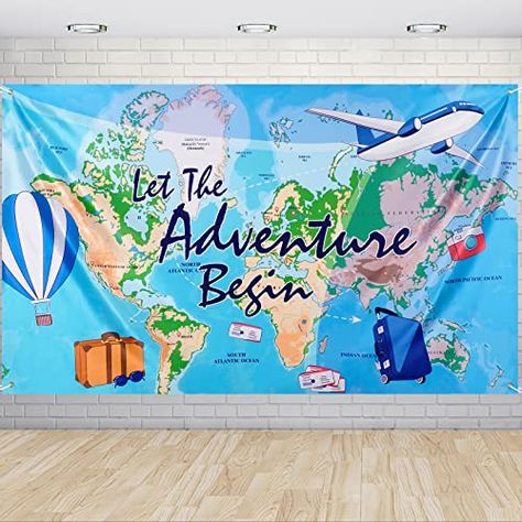 Adventure Time Banner, Multicultural Night, Bon Voyage Party, Travel Party Theme, Adventure Party, World Map Design, Birthday Party Backdrop, 85th Birthday, Adventure Trip