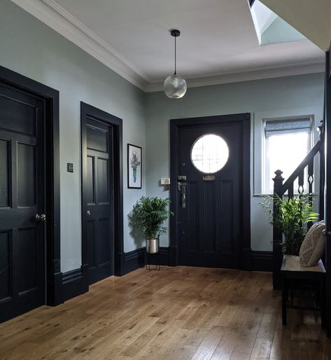 Misted Green, Edwardian Hallway, Hallway Colour Schemes, Hallway Paint Colors, Black Interiors, Grey Hallway, Going Dark, Hallway Paint, Victorian Hallway