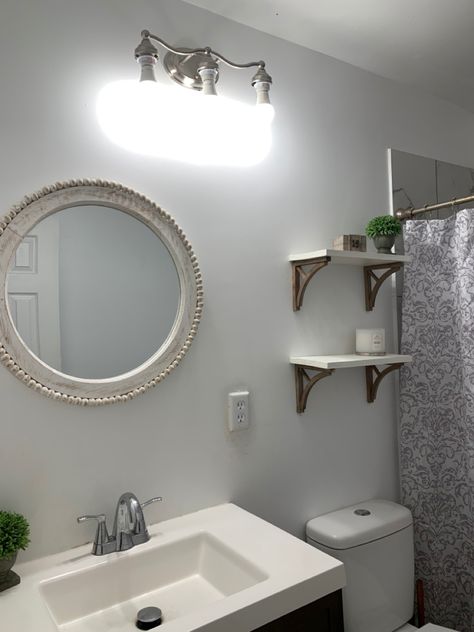 Mirror Floating Shelves, Circle Mirror, Floating Shelves, Bathroom Lighting, Lighted Bathroom Mirror, Bathroom Decor, Bathroom Mirror, Floating, Shelves