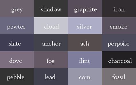 Color Thesaurus / Correct Names of Shades of Grey Dark Blue Grey Paint, Grey Colour Chart, Unique Color Names, Grey Color Names, Color Thesaurus, Shades Of Gray Color, Blue Gray Paint Colors, Blue Gray Paint, Paint Color Schemes