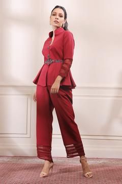 Isha Gupta, Red Peplum Tops, Embellished Buttons, Women Suits, Embellished Belt, Organza Sleeves, Coord Set, Straight Fit Pants, Top And Pants Set