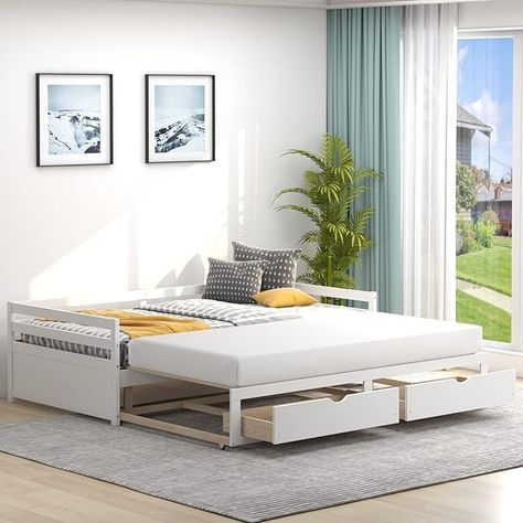 Amazon.com: DORTALA Twin to King Daybed with Trundle and 2 Storage Drawers, Modern Extendable Daybed with Pull Out Bed Twin, Dual-use Sofa Bed for Bedroom, Guest Room, Living Room, No Box Spring Required, White : Home & Kitchen Twin To King Daybed, King Daybed, Sofa Bed For Bedroom, Extendable Daybed, Wooden Sofa Bed, Bed For Bedroom, White Bedroom Set, Sofa Bed Bedroom, Twin Trundle Bed