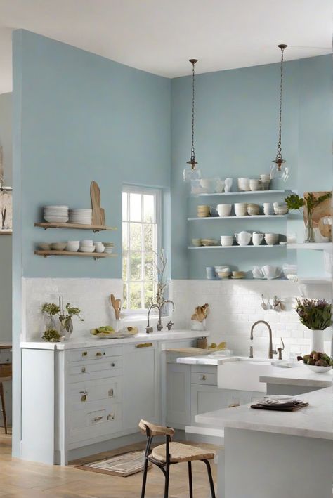 kitchen interior design, wall paint colors, interior paint ideas, kitchen paint colors Color Kitchen Walls, Kitchen With Blue Walls, Kitchen Wall Paint Ideas, Alder Wood Kitchen Cabinets, Kitchen Wall Paint, Kitchen Wall Color, Knotty Pine Ceiling, Pine Kitchen Cabinets, House Fever