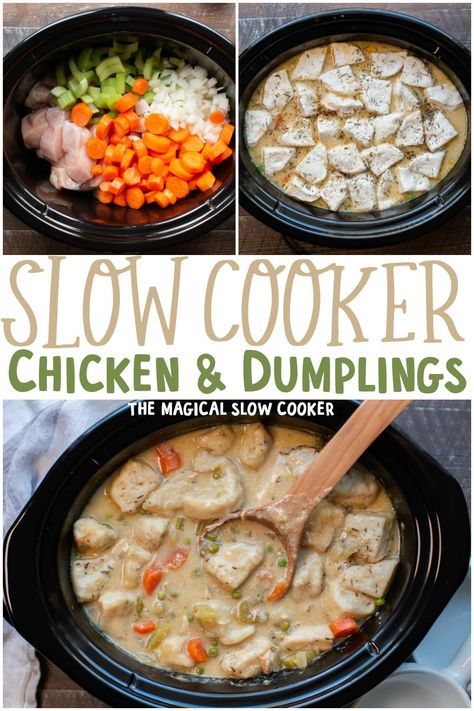 Easy slow cooker chicken and dumplings, made with canned biscuits and cream soups but tastes completely homemade. - The Magical Slow Cooker #crockpot #slowcooker #dumplings Chicken Dumplings Soup Crockpot, Chicken And Dumpling Crockpot Easy, Crock Pot Chicken And Dumplings With Biscuits, Chicken Dumplings With Biscuits Crockpot, Crockpot Cheap Recipes, Crockpot Chicken And Dumplings Healthy, Chicken And Dumplings Soup Crockpot, Homemade Crockpot Chicken And Dumplings, Slow Cooker Recipes Chicken And Dumpling