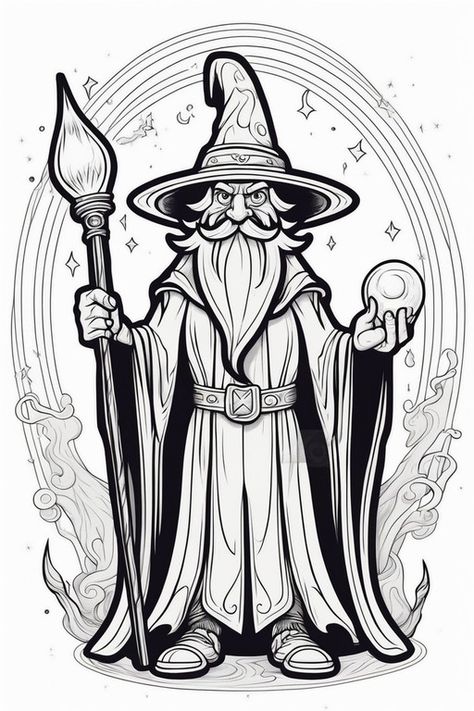 Powerful wizard with magical staff and ball. Old Wizard Art, Wizard Drawings, Wizard Chess, Old Cartoon Characters, Lettering Styles Alphabet, Magic Ball, Caricature Drawing, Wood Burning Patterns, Halloween Coloring Pages