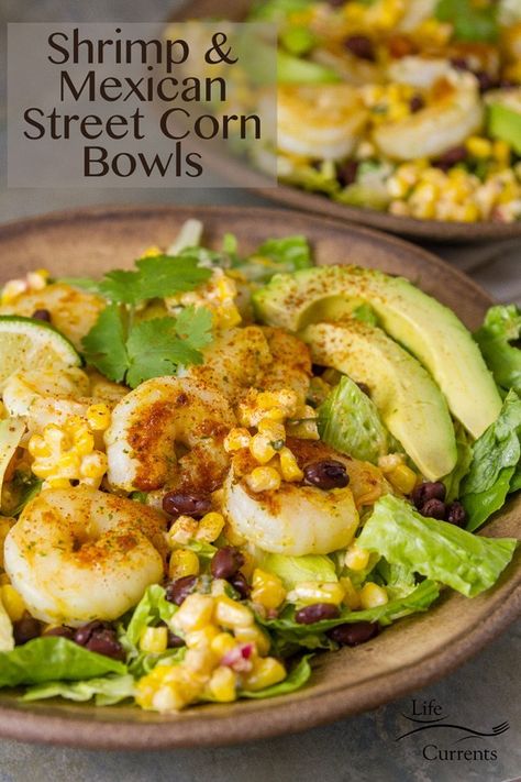 Shrimp and Mexican Street Corn Bowl Recipe #ad healthy Perfectly spiced and sautéed shrimp served on a bed of romaine lettuce, topped with delicious Mexican street corn, that’s slathered with mayonnaise, sour cream, Cotija cheese, cilantro, and then topped with fresh avocado slices. Street Corn Bowl Recipe, Corn Bowl Recipe, Mexican Street Corn Bowl, Street Corn Bowl, Mexican Avocado, Healthy Cheese, Healthy Bowls Recipes, Cotija Cheese, Mexican Street Corn