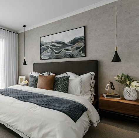 Grey Bed With Wallpaper, Dark Gray Bed Frame Room Ideas, Brown White Grey Bedroom, Bedroom Decor Dark Bed Frame, Master Bedrooms Dark Grey Bed, Neutral Bedding Grey Headboard, Grey Headboard Brown Bedding, Grey Bed With Accent Wall, Bedroom Dark Grey Bed Frame