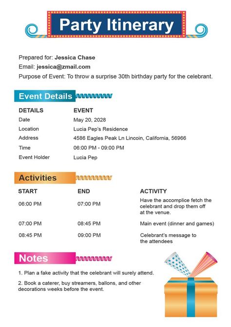 To ensure that your party goes smoothly as intended, you have to plan the itinerary properly so that the organizers and hosts know what activities to do to avoid making the guests bored and keep the party lively. With our Party Itinerary Template, you can create a simple, yet fun plan that will improve your party even more. Its user-friendly features will ensure you can get this done with no hassle. So Download it Now. For more design , and create your own design by your choice. Connect with u Party Itinerary Template, Surprise 30th Birthday, Party Itinerary, Itinerary Template, 30th Birthday Parties, Printable Party, More Design, Birthday Surprise, Activities To Do