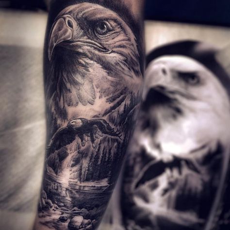 Tattoo by Anton Dainecko #AntonDainecko #openbookings #cooltattoos #blackandgrey #eagle #feathers #bird #landscape #mountains #realism #realistic #hyperrealism | By Anton Dainecko | Mar 12th 2019 | 904326 Eagle Tattoo Design, Eagle Head Tattoo, Dragon Tattoo Arm, Bird Tattoo Meaning, Body Tattoo Design, Lion Tattoo Sleeves, Tattoo Lettering Styles, Inner Arm Tattoo, Back Piece Tattoo