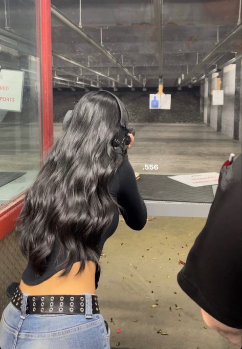 Girl Shooting Range, Shooting Range Outfit Woman, Vision Board Photos Beauty, Hobby Ideas Aesthetic, Shooting Range Aesthetic, Shooting Range Outfit, Shooting Sport, Dark Feminine Aesthetic, Long Black Hair