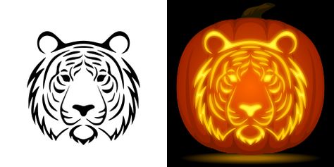 Tiger pumpkin carving stencil. Free PDF pattern to download and ... Tiger Pumpkin Carving, Tiger Template, Tiger Pumpkin, Tiger Stencil, Scary Circus, Carving Animals, Pumpkin Templates, Geo Board, Pumpkin Carving Stencil