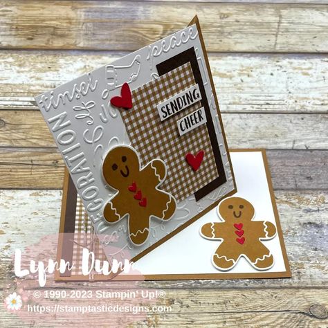 Su Sending Cheer Cards, Stampin Up Sending Cheer Bundle, Fun Fold Christmas Cards Handmade, Stampin Up Sending Cheer Cards, Gingerbread Cards Ideas, Sending Cheer Stampin Up Cards, Stampin Up Sending Cheer, Cheer Cards, Childrens Christmas Cards