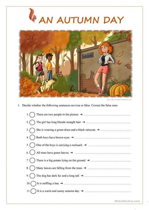 Fall Worksheets, Fall Lessons, Teaching English Online, Esl Activities, True Or False, Sentence Writing, English Activities, Fun Worksheets, Esl Teaching