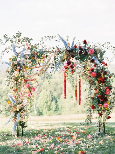 Blackberry Farm – Tennessee Wedding – Southern Wedding Florist | Lurie Wedding Chuppah Inspiration, Secret Garden Wedding Theme, Blackberry Farm Tennessee, Sunset Wedding Colors, Wild Bouquet, Floral Arches, Wedding Chuppah, Blackberry Farm, Colorful Wedding Flowers