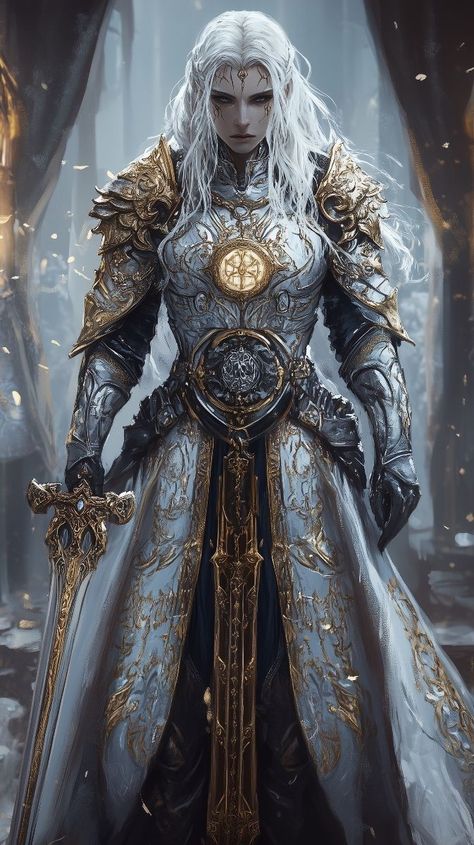 Seductive Female Character Art, Female Warrior Character Design, Hands Gripping, Ornate Armor, Determined Expression, Gold Armor, Dragon Armor, Long White Hair, Ethereal Light