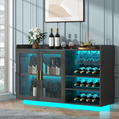 Floating Coffee Bar with Glass Rack and Removable Wine Racks, Modern Buffet Sideboard with Storage Shelves, Kithchen Bar with Glass Cabinet Doors Floating Coffee Bar, Modern Bar Cabinets For Home, Home Wine Bar, Coffee Cabinet, Wine Bar Cabinet, Modern Buffet, Buffet Sideboard, Home Bar Furniture, Glass Rack