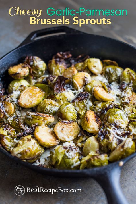 Cheesy Roasted Brussels Sprouts with Garlic and Parmesan | @bestrecipebox Brussel Sprout Recipes Cast Iron Skillet, Recipes Veggie, Brussel Sprout Recipes Roasted, Roasted Brussels Sprouts, Roasted Brussel, Sprout Recipes, Brussels Sprouts Recipe, Garlic Recipes, Roasted Brussel Sprouts