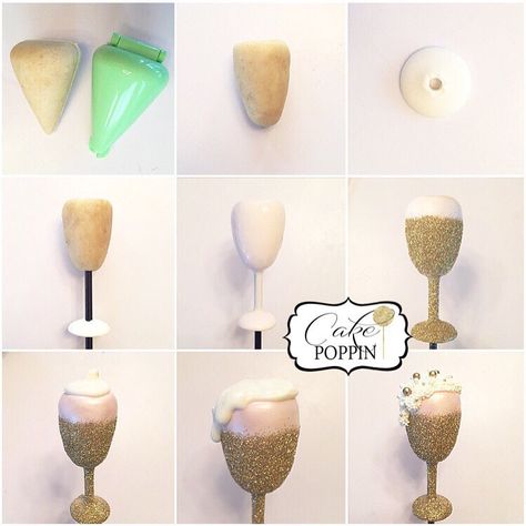 Sparkling champagne glasses 1. Shape your cake ball into a cone...I used the cone mold from @mylittlecakepopmolds 2. Round out the pointed tip and roll your cone sideways on a flat surface to create an elongated champagne flute shape. 3. Using a skewer, poke a hole in the middle of a melt. 4. Place the melt on your stick flat side down and then place stick in your shaped cake "flute" 5. Dip the ENTIRE cake pop, stick and melt in chocolate. 6. While wet, pour disco dust over cake pop leaving a New Years Cake Pops, Champagne Cake Pops, New Years Cake, Fun Cake Pops, Cake Designs For Girl, Cake Pop Displays, Cake Pop Designs, New Year's Desserts, Champagne Birthday