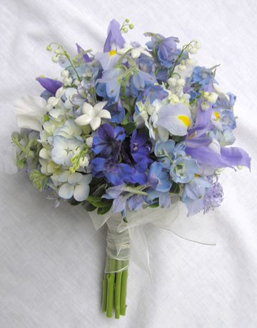 blue and white bouquet (pale iris, delphinium, lily of the valley and hydrangeas) Iris Wedding Bouquet, Delphinium Bouquet, Cornflower Blue Wedding, Iris Wedding, Iris Bouquet, Bouquet Champetre, Wedding Flower Guide, Bridal Bouquet Peonies, Purple Wedding Bouquets