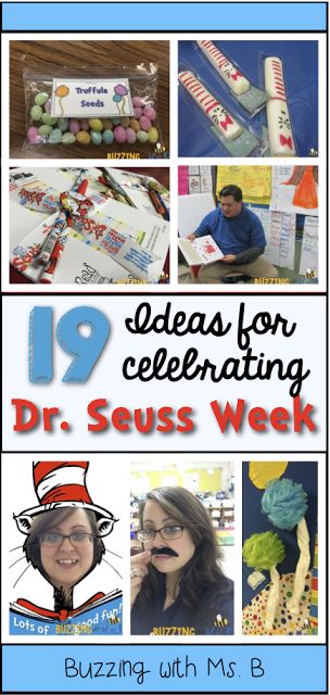 19 Ideas for celebrating Dr. Seuss Week - fun ways to celebrate Read Across America with bulletin boards, activities, fun clothes days, and food snacks! Seuss Trees, Family Literacy Night, Dr Seuss Classroom, Truffula Trees, Dr Seuss Activities, Seuss Classroom, Seuss Crafts, Read Across America Day, Dr Seuss Week