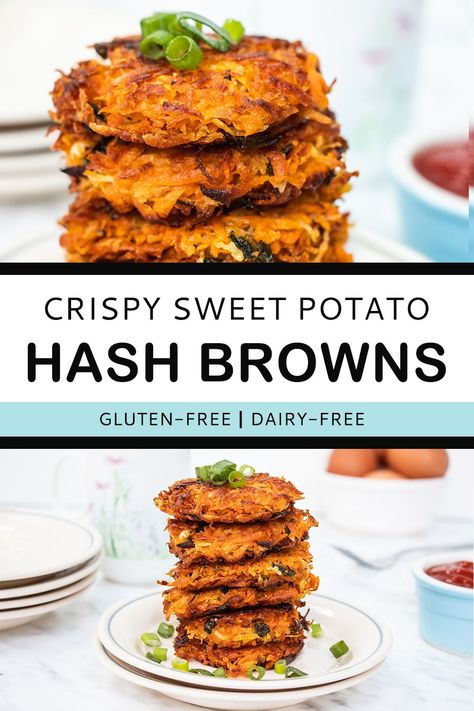 A super easy and incredibly moreish addition to your breakfast, these hash browns are made with both sweet potato and white potato to ensure they're perfectly crispy! #glutenfree #breakfastrecipe #sweetpotatorecipe #hashbrowns #glutenfreebreakfast #dairyfreebreakfast Paleo Hashbrowns, Sweet Potato Hashbrowns, Sweet Potato Hash Browns, Histamine Diet, Baked Beans With Bacon, Gluten Free Sweet Potato, Fried Breakfast, Crispy Sweet Potato, Gluten Free Sides