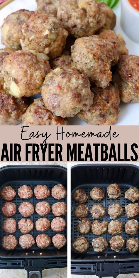 meatballs in an air fryer basket and cooked meatballs on a plate Airfryer Meatballs, Mini Meatballs Recipe, Meatballs Beef, Air Fryer Meatballs, Meatballs Italian, Homemade Meatballs Easy, Mac And Cheese Bites, Mini Meatballs, Homemade Buffalo Sauce