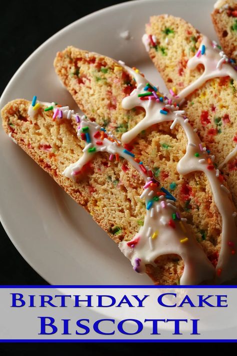 Several birthday cake biscotti on a plate. Cake Mix Biscotti Recipe Easy, Cake Mix Biscotti Recipe, Easy Biscotti Recipe, Make Birthday Cake, Birthday Cake Flavors, Favorite Cookie Recipe, Biscotti Recipe, Mini Cakes Birthday, Wedding Cake Flavors