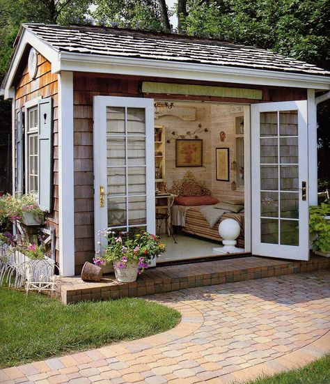 Brick Shed Ideas, Simple Small Backyard, Backyard Design On A Budget, Cottage Garden Sheds, Small Garden Shed, British Cottage, Shed Decor, Design On A Budget, Shed Interior