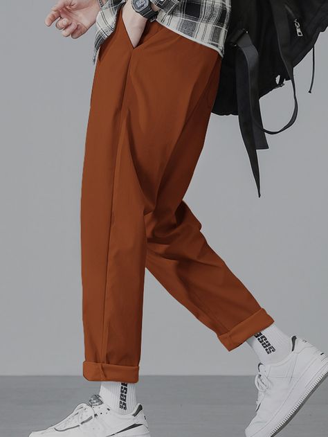 Rust Brown Casual   Polyester Plain Tapered/Carrot  Non-Stretch Spring/Summer/Fall Men Bottoms Colorful Outfits Men, Orange Pants Outfit, Chinos Men Outfit, Colored Pants Outfits, Brown Pants Outfit, Blush Pants, Motos Yamaha, Pants Outfit Men, Easter Fashion