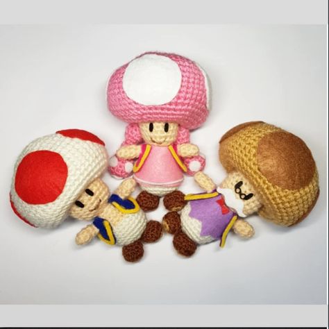 Toad, Toadette and Toadsworth. Part of Super Mario Phase 2 patterns. . . Used my Toad pattern for all three but changed the colours 😊 Toadette Crochet Pattern, Crochet Toad Mario, Toad Crochet Pattern, Mario Pattern, Crochet Mario, Amigurumi Characters, Mario Crochet, Crochet Character Hats, Yellow Crafts