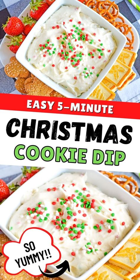 Christmas Cookie Dip is a fun and festive dessert dip made with cream cheese, whipping cream, powdered sugar, vanilla, and sprinkles. It is packed with classic Christmas sugar cookie taste and tastes amazing paired with pretzels or fruit for dipping. Holiday Cookie Dip, Christmas Sugar Cookie Dip, Cookie Dip Christmas, Christmas Fluff Dip, Christmas Cookie Dip Recipe, Cream Cheese Frosting Dip, Dip For Gingerbread Cookies, Holiday Cream Cheese Dip, Sugar Cookie Dip Recipe